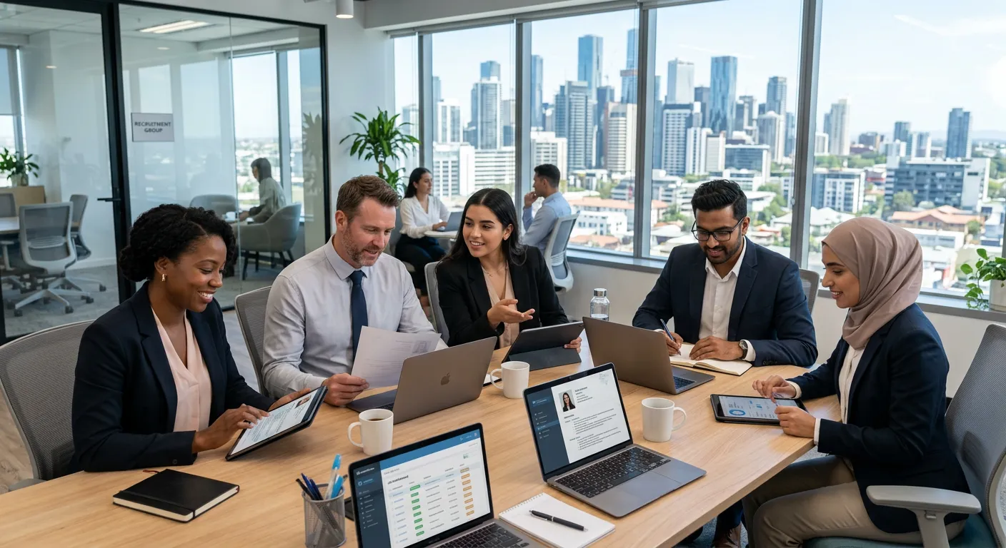 A professional, diverse group of recruitment consultants and HR professionals in a modern office setting, reviewing candidate profiles on digital tablets and laptops, with a cityscape visible through the window. Style: Professional, bright, contemporary business photography.