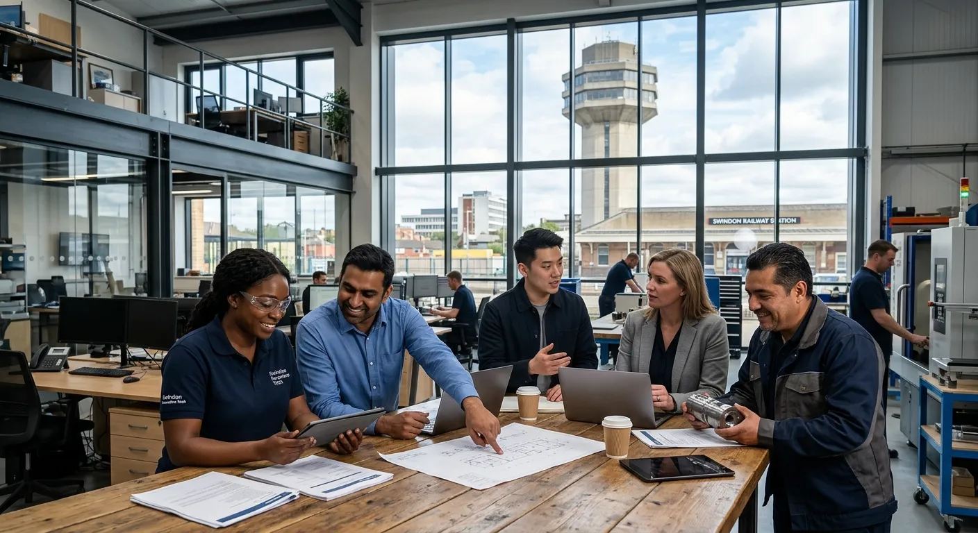 Professional photo of diverse team of workers in modern industrial or office setting in Swindon, looking engaged and productive, with Swindon landmarks subtly visible in background