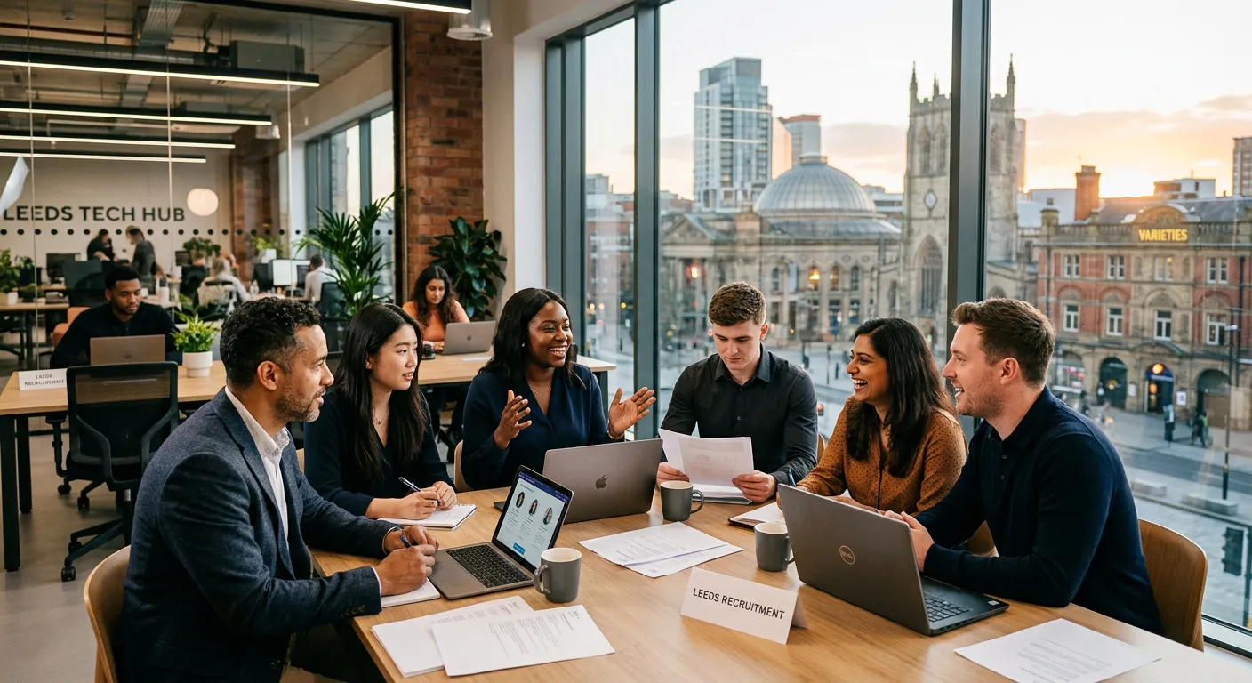 A professional, dynamic hero image showing a diverse group of recruitment consultants and candidates... A professional, dynamic hero image showing a diverse group of recruitment consultants and candidates in a modern Leeds office setting, engaged in a productive meeting. The image should convey energy, professionalism, and local Leeds landmarks in the background.