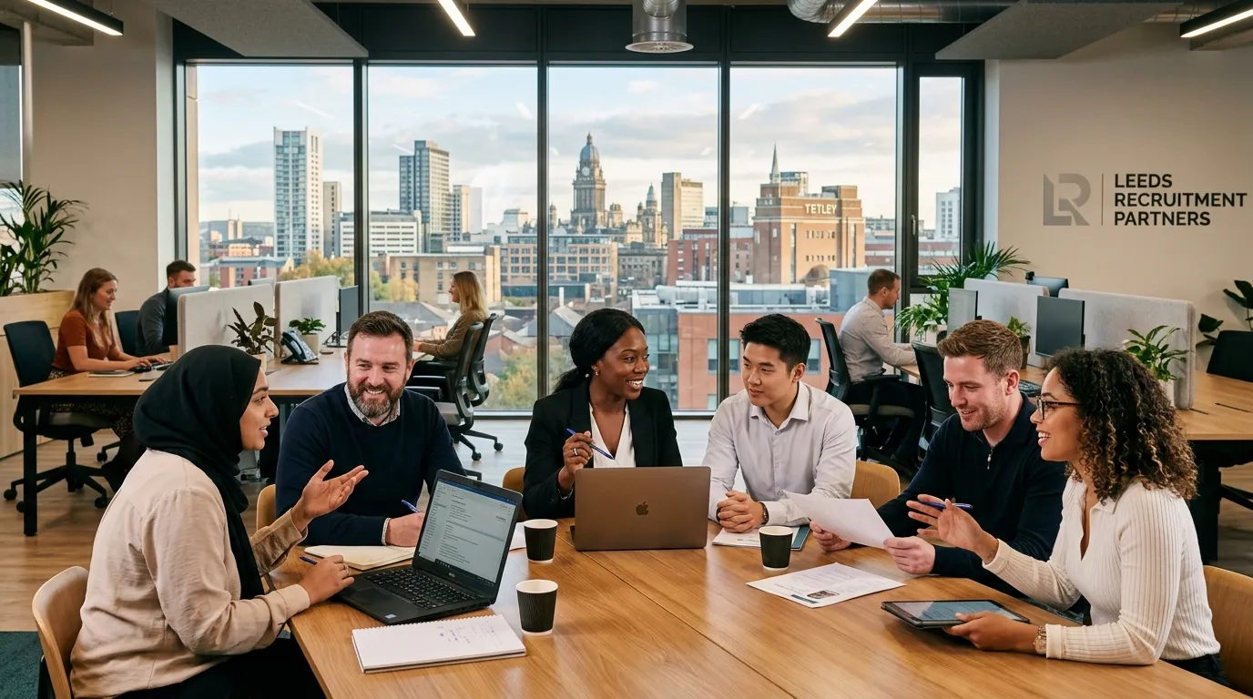 A dynamic, professional hero image showing a diverse group of recruitment consultants and candidates... A dynamic, professional hero image showing a diverse group of recruitment consultants and candidates in a modern Leeds office setting, collaborating over laptops and documents, with Leeds skyline visible through a window. Style: Professional, vibrant, inclusive.