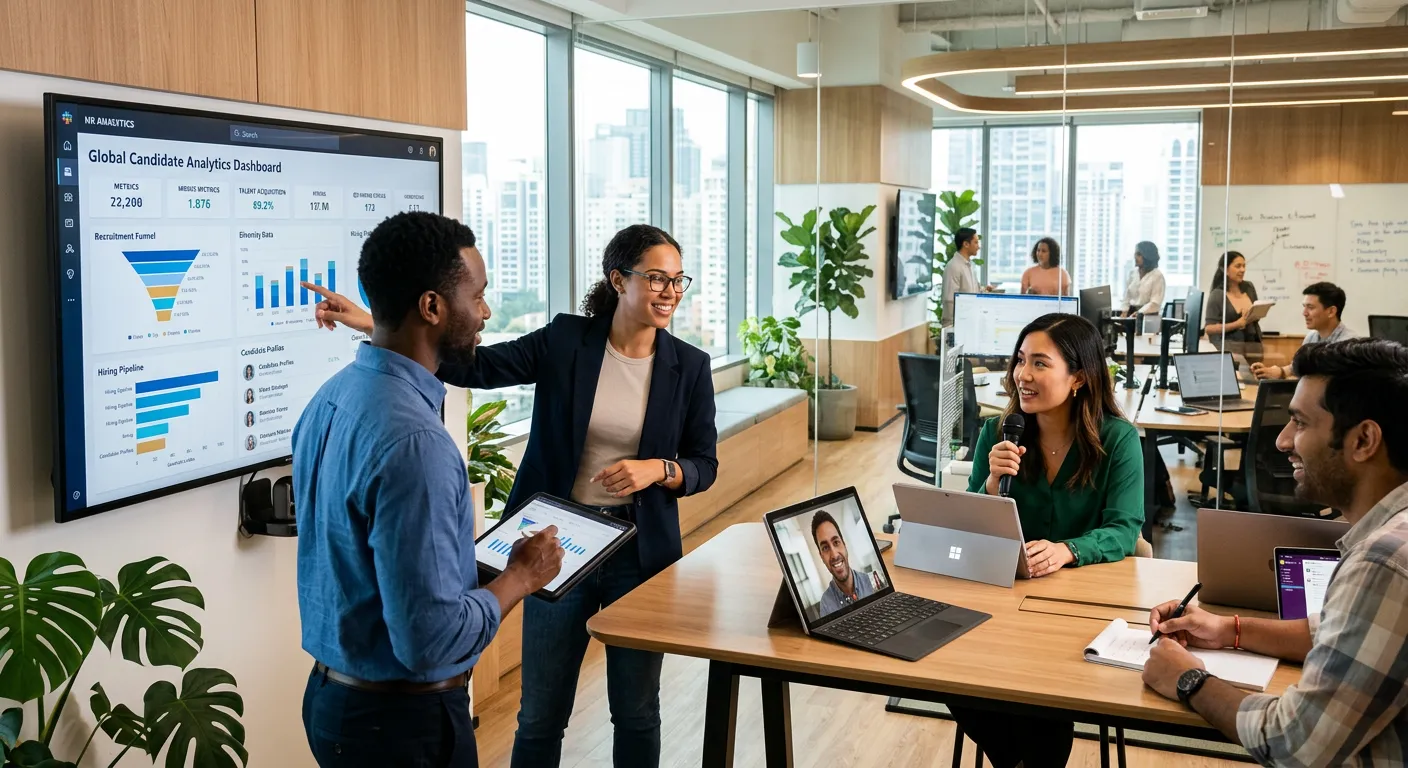 A modern, diverse team of professionals collaborating in a bright, tech-enabled office space. One is... A modern, diverse team of professionals collaborating in a bright, tech-enabled office space. One is reviewing a dashboard on a large screen displaying candidate analytics, another is conducting a video interview on a tablet. Style is professional, optimistic, and forward-looking with a focus on technology and human connection.