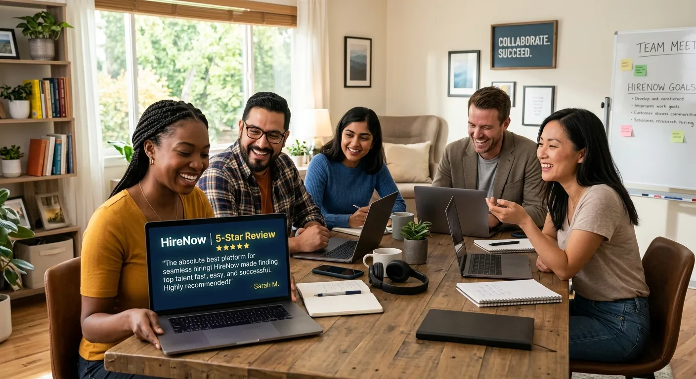 A professional, high-resolution image of a diverse team of remote workers collaborating on laptops in a modern, bright home office setting. They are smiling and engaged. On a screen in the foreground, a 5-star review for 'HireNow' is visible. Style: Authentic, bright, and aspirational. Mood: Confident, successful, and collaborative.