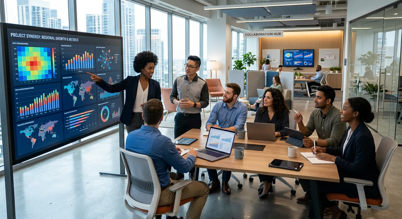 A modern, diverse team collaborating in a bright, high-tech office with data visualizations on screens, style: professional corporate photography, mood: innovative and collaborative