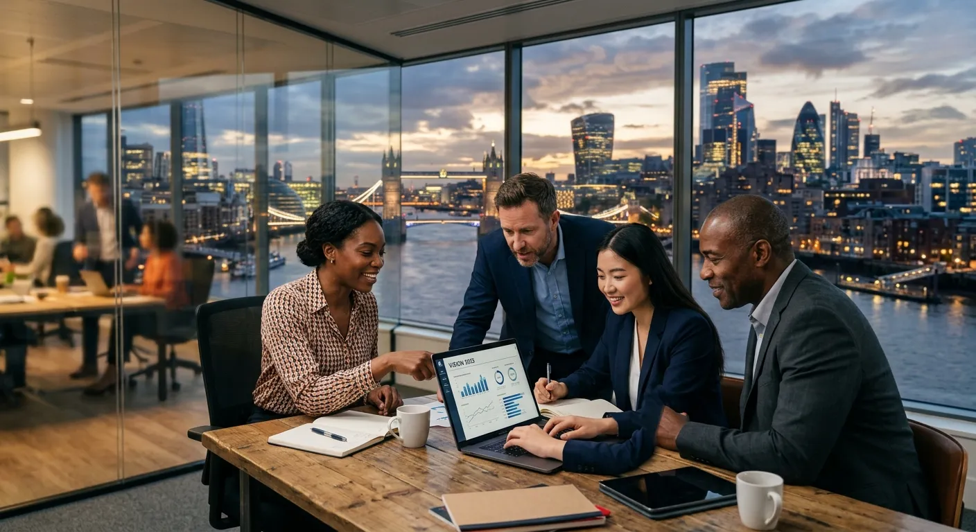A professional, dynamic hero image showing a diverse group of London-based business professionals in... A professional, dynamic hero image showing a diverse group of London-based business professionals in a modern office collaborating over a laptop, with iconic London skyline visible through a window. Style: modern, confident, corporate.