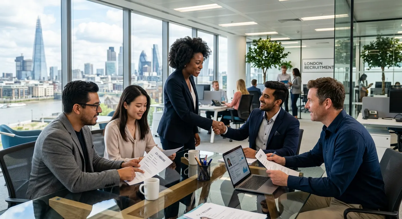 A professional, dynamic hero image showing a diverse group of recruitment consultants and job seeker... A professional, dynamic hero image showing a diverse group of recruitment consultants and job seekers in a modern London office setting, shaking hands and reviewing CVs. Style: Bright, confident, professional. Mood: Energetic, successful, collaborative.