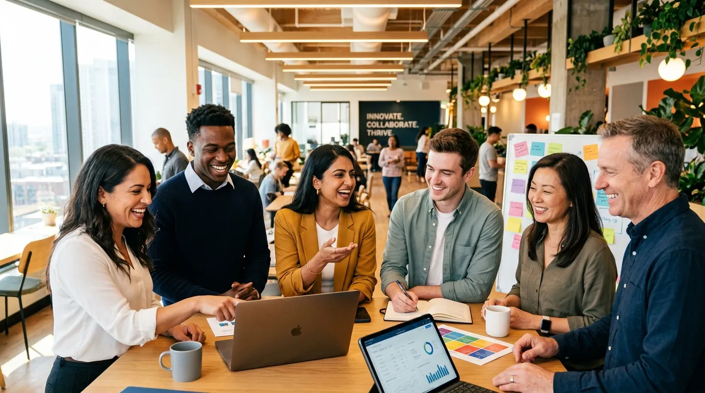 Professional hero image showing a diverse team of workers in a modern, dynamic workplace setting, smiling and collaborating. Style should be bright, energetic, and convey a sense of opportunity and action.