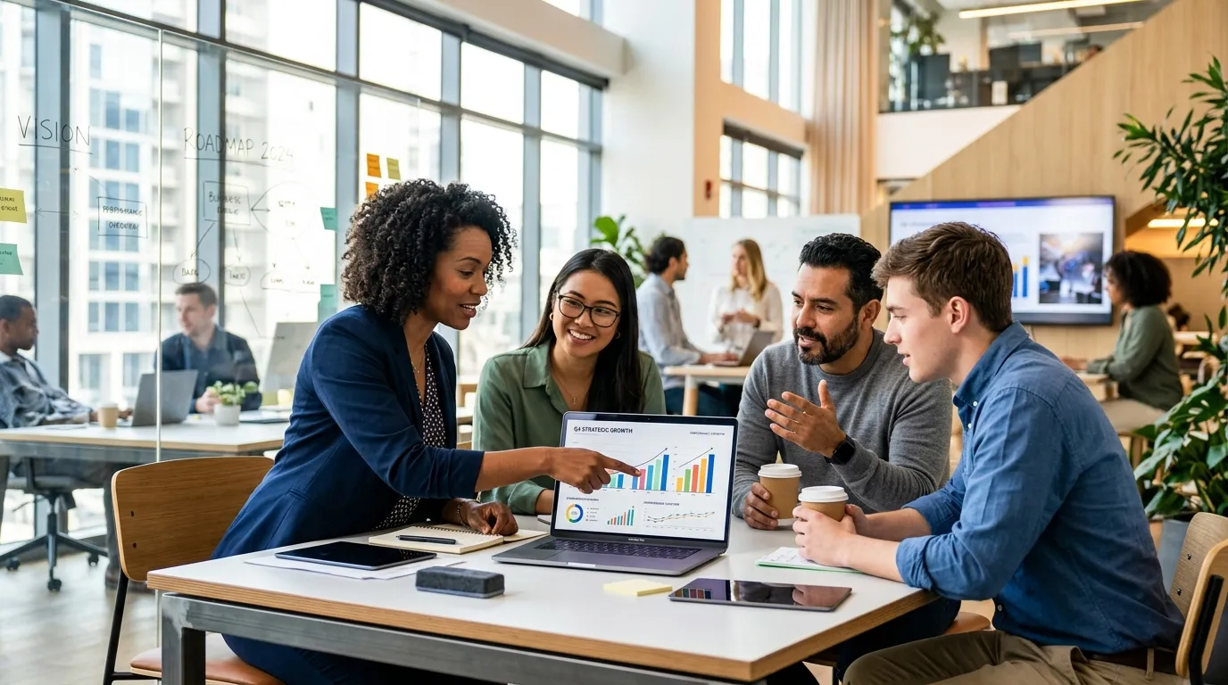 A dynamic, professional hero image showing a diverse team collaborating in a modern office setting.... A dynamic, professional hero image showing a diverse team collaborating in a modern office setting. One group is gathered around a laptop, pointing at a graph on a screen, symbolizing strategic planning and integration. The style is bright, optimistic, and high-contrast, with a focus on collaboration and technology.