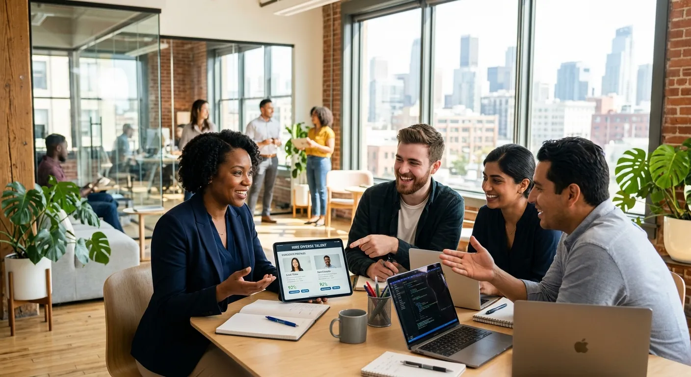 A professional, dynamic hero image showing a diverse team of professionals collaborating in a modern, sunlit office. A hiring manager is looking at a tablet showing candidate profiles. Style is sharp, high-contrast, with a focus on connection and technology. Mood is optimistic, efficient, and forward-thinking.