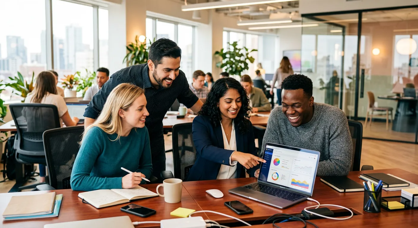 A professional, high-energy photo of a diverse team in a modern office collaborating around a laptop... A professional, high-energy photo of a diverse team in a modern office collaborating around a laptop, with a focus on connection and technology. Style should be crisp, bright, and forward-looking.