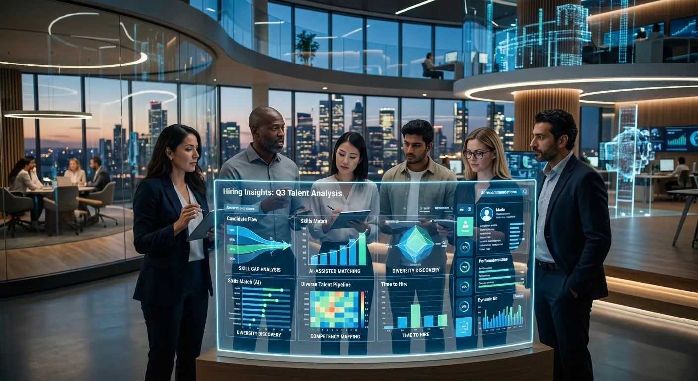 A diverse group of modern HR professionals and hiring managers collaborating in a sleek, futuristic office, analyzing data on a large transparent screen displaying candidate metrics and AI insights. Mood: Innovative, data-driven, and strategic.