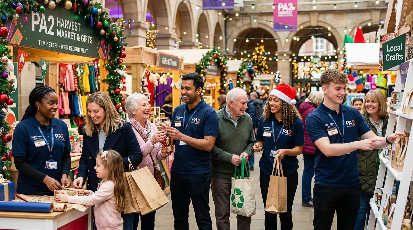 A professional, welcoming hero image showing a diverse group of cheerful temporary workers in a festive retail or event setting in PA2, wearing uniforms and assisting customers. Bright, optimistic mood.