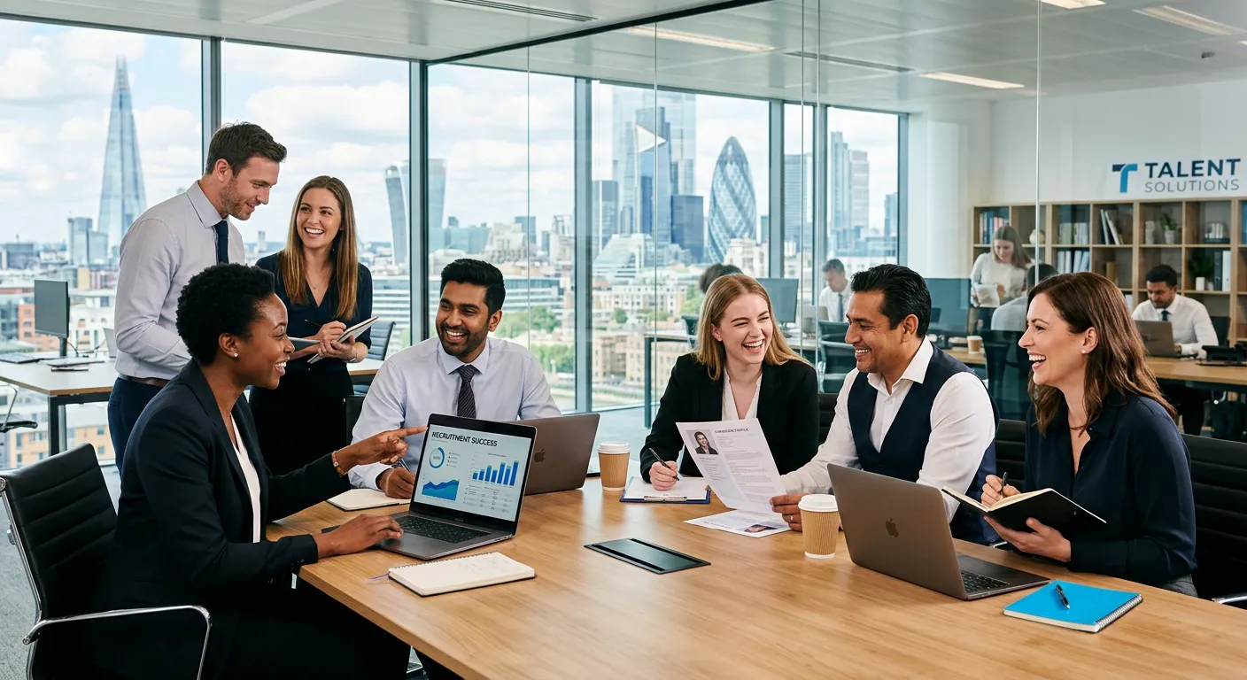A professional, diverse group of recruitment consultants and HR professionals in a modern office set... A professional, diverse group of recruitment consultants and HR professionals in a modern office setting, collaborating and smiling, with a city skyline visible through the window. Style: Professional, bright, and energetic. Mood: Dynamic, successful, and team-oriented.