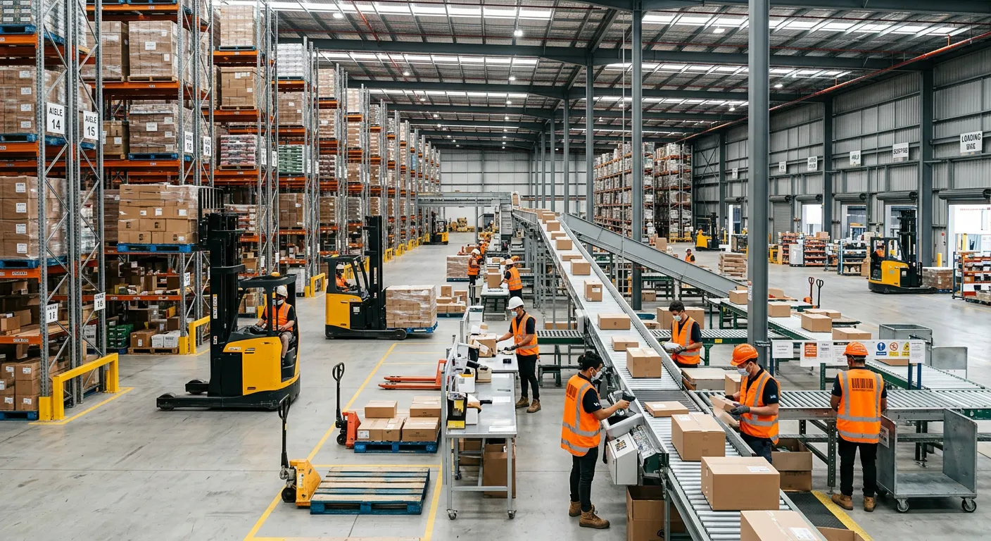 A modern, busy warehouse interior with workers in high-visibility vests operating forklifts and sorting goods on conveyor belts, showcasing efficient logistics operations.