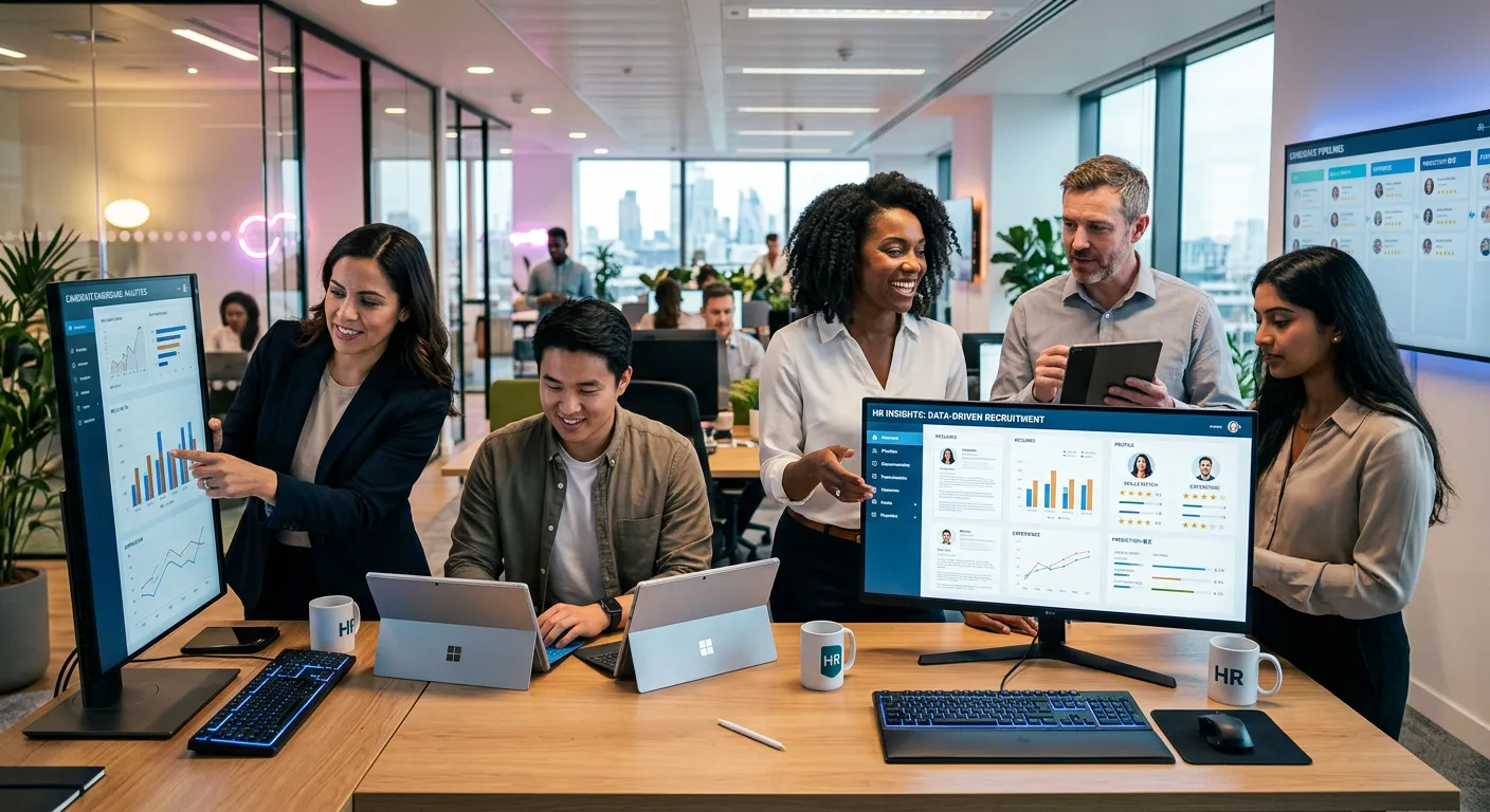 A modern, diverse team of HR professionals collaborating in a sleek, tech-forward office. They are reviewing candidate data on multiple digital screens and tablets, symbolizing data-driven screening. Style: Professional, vibrant, and future-focused.