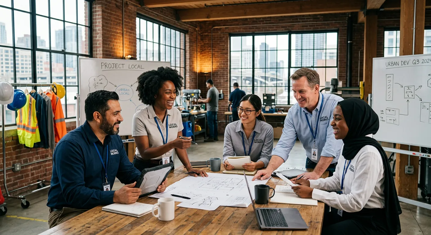 Professional photo of diverse team of workers in a modern industrial or office setting in city, smiling and collaborating, representing the local workforce. Style: Authentic, bright, professional. Mood: Productive, reliable, community-focused.