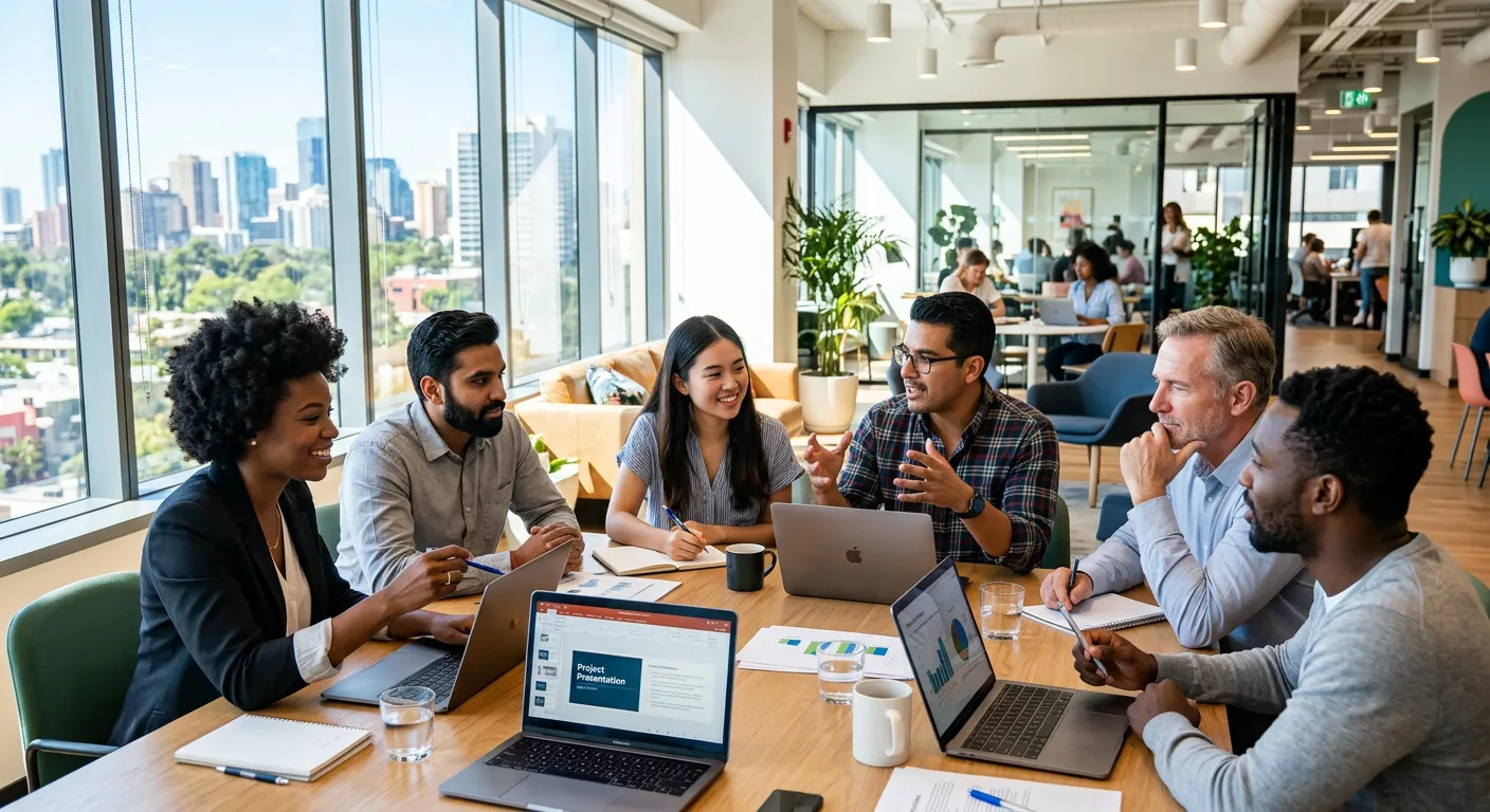 A modern, diverse group of professionals collaborating in a bright, sunlit office, looking engaged a... A modern, diverse group of professionals collaborating in a bright, sunlit office, looking engaged and productive. Style: Professional business photography, high contrast, vibrant colors.