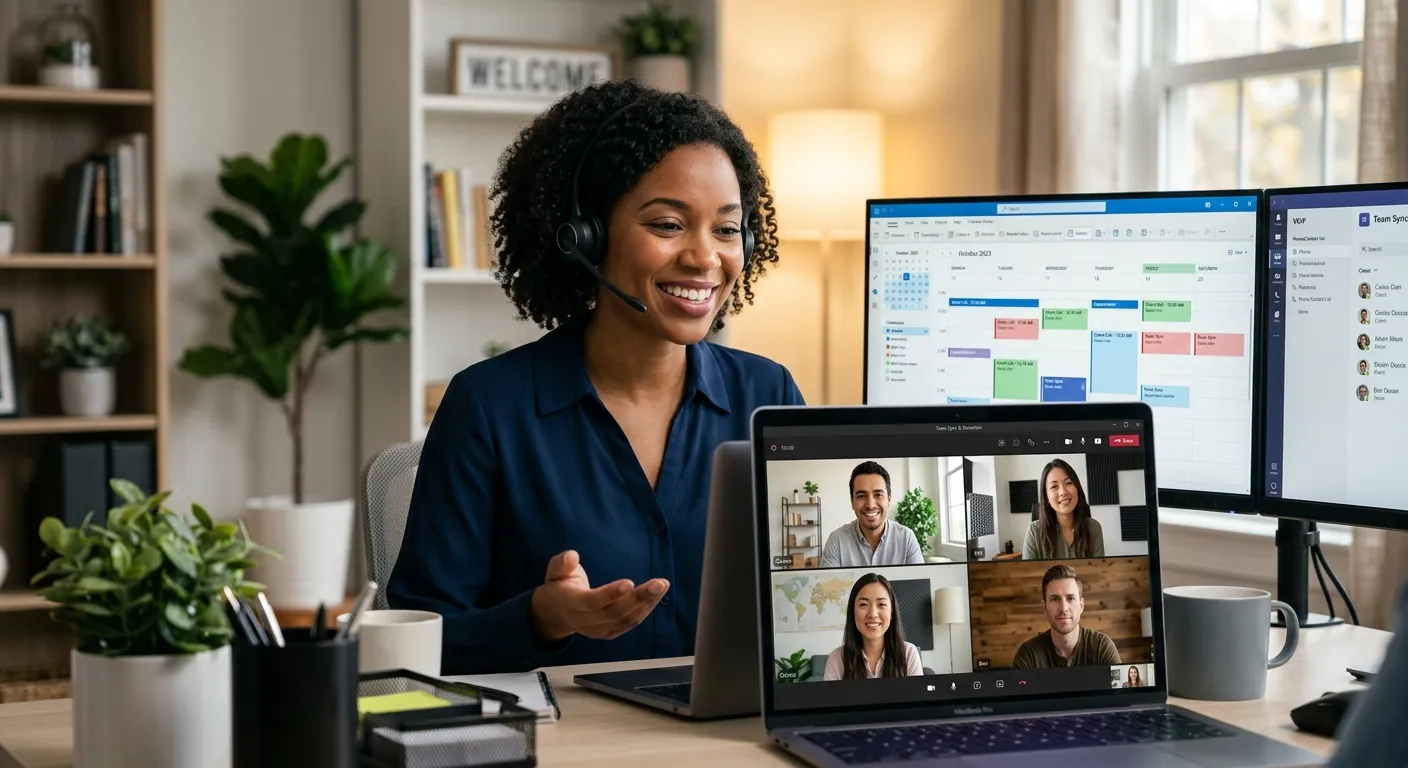 A professional, diverse team of remote workers smiling and collaborating via video call on laptops. Warm, modern office lighting, focused on a woman who is the receptionist, with a headset and dual monitors showing a calendar and phone interface. Style: Professional stock photography, mood: confident, efficient, and welcoming.