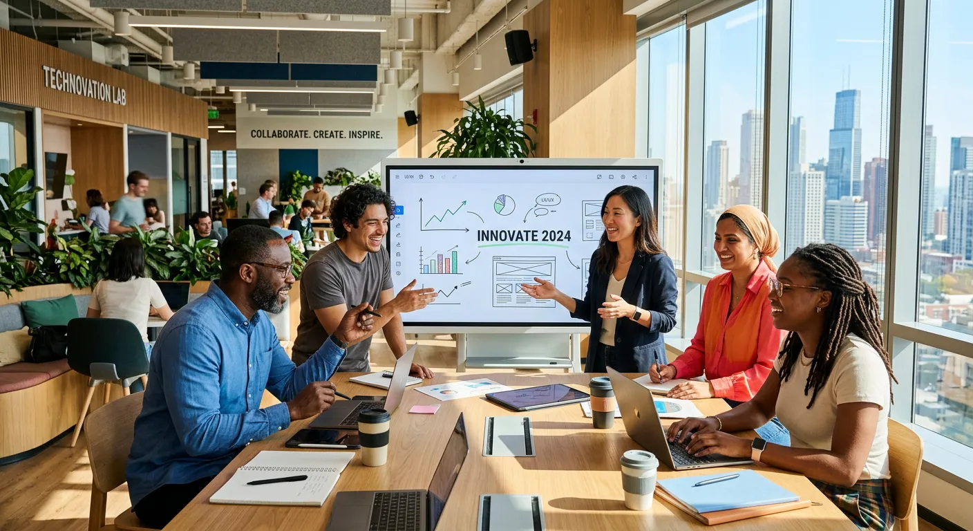 A diverse group of modern professionals collaborating in a bright, sunlit office. Style: High-resolution, vibrant, and aspirational. Mood: Innovative, collaborative, and forward-thinking.