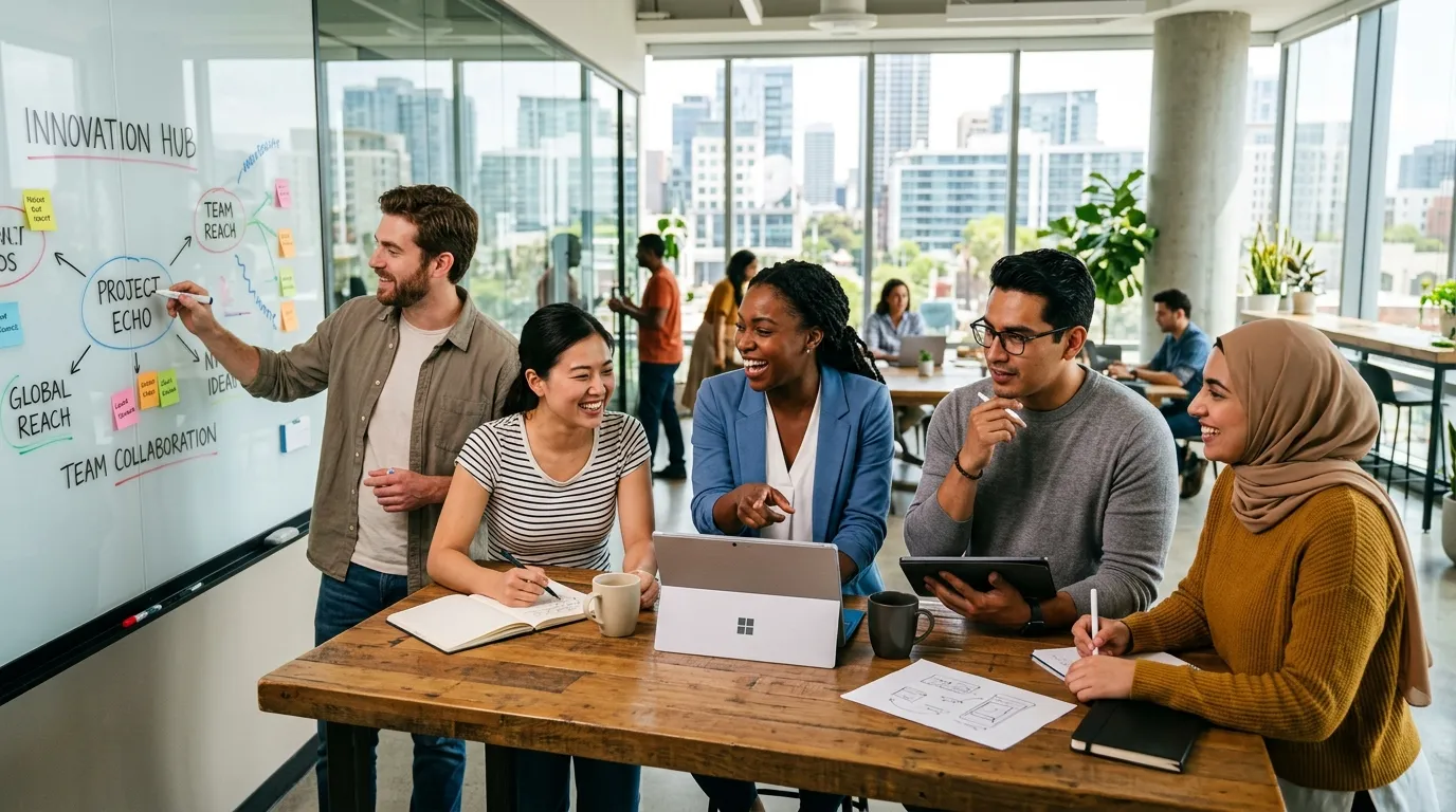 A dynamic, high-resolution hero image showing a diverse team of professionals collaborating in a mod... A dynamic, high-resolution hero image showing a diverse team of professionals collaborating in a modern, sunlit office. The mood is energetic, innovative, and forward-thinking, with a focus on human connection and technology. Style: Corporate photography with a vibrant, modern filter.
