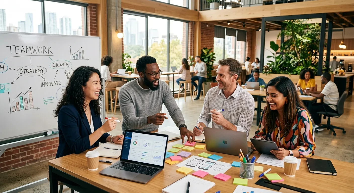 A diverse group of modern professionals collaborating in a bright, open-plan office, showcasing teamwork and a positive company culture. Style: Professional, vibrant, and aspirational.