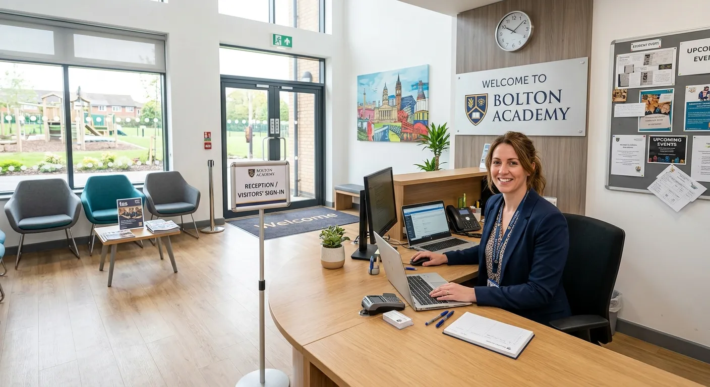 A professional, welcoming image of a modern school reception area in Bolton, with a friendly admin staff member at a tidy desk, smiling. The style should be bright, crisp, and inviting.