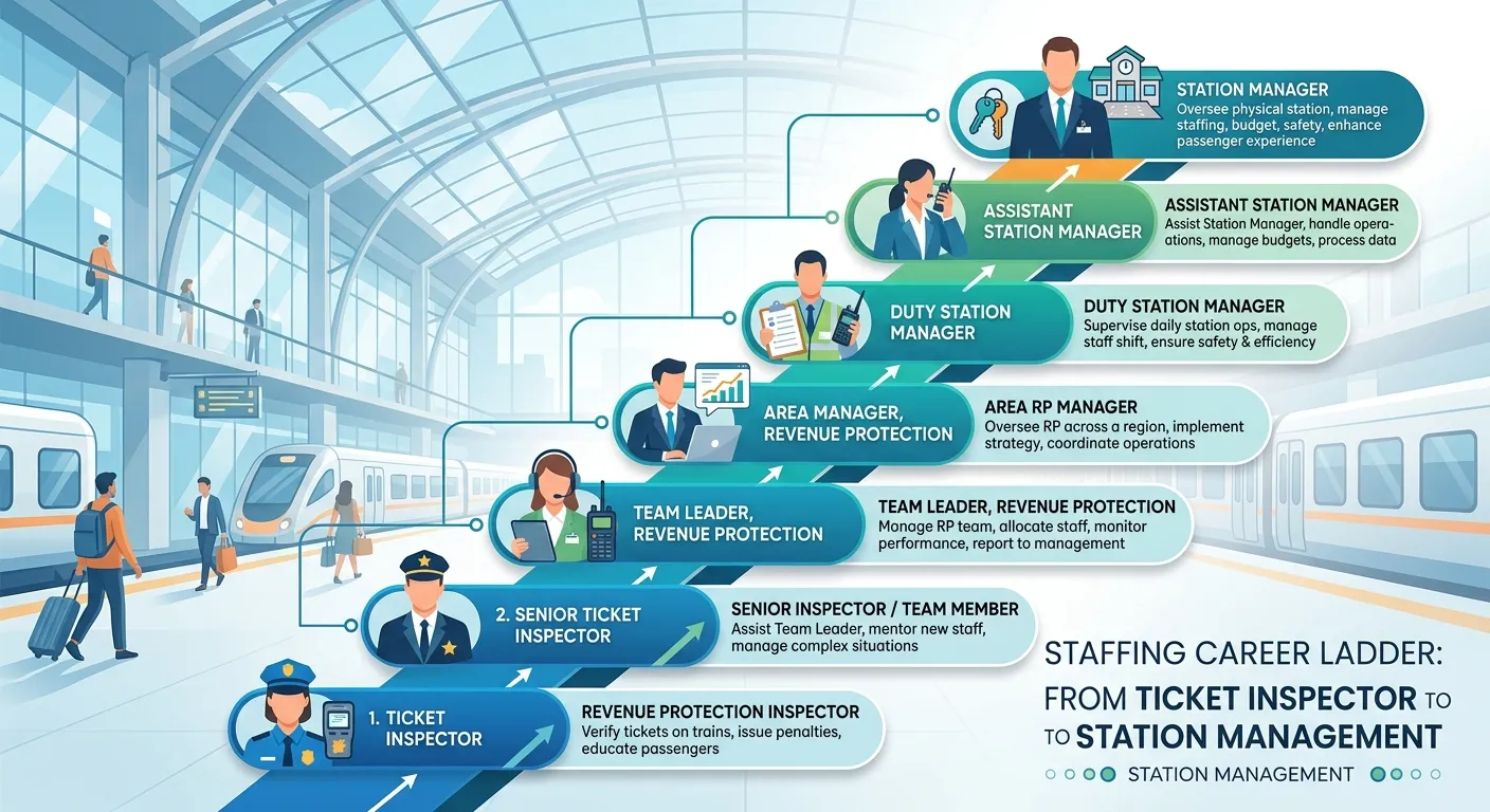 A professional infographic showing a career ladder from Ticket Inspector to Team Leader, Revenue Protection, and Station Management, with icons for each step