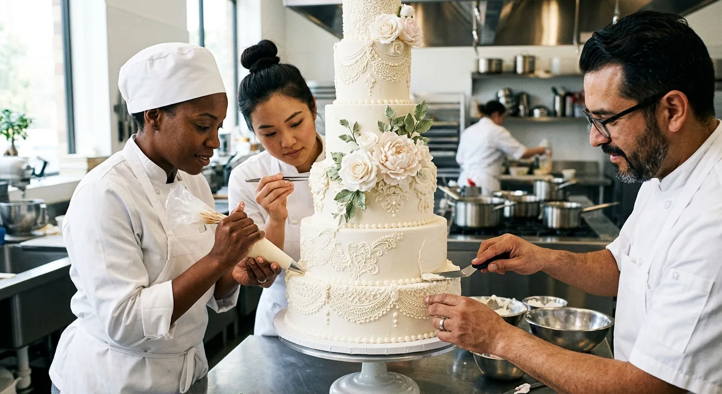 A high-contrast, professional shot of a diverse team of pastry chefs collaboratively decorating an e... A high-contrast, professional shot of a diverse team of pastry chefs collaboratively decorating an elaborate wedding cake in a bright, modern kitchen. Focus on hands at work, precise piping, and a mood of focused artistry.