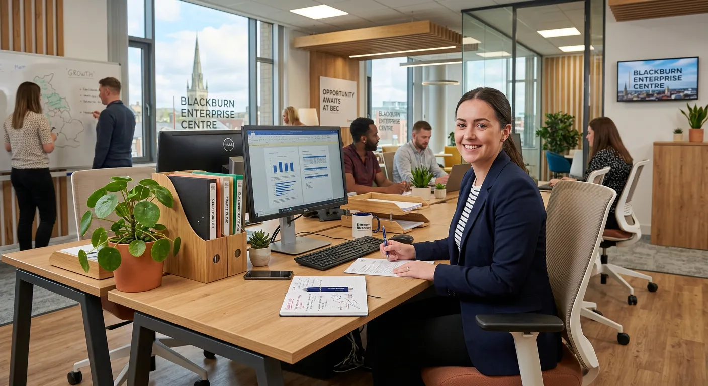 A professional, welcoming office environment in Blackburn, with a modern desk setup featuring a computer, organised files, and a potted plant, conveying efficiency and opportunity. The style should be bright, realistic, and inviting.