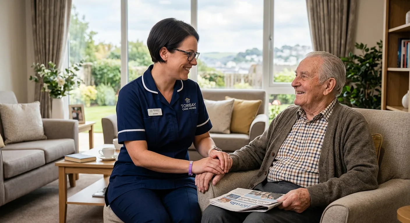 A professional, warm photograph of a healthcare support worker assisting an elderly resident with a gentle smile, set in a clean, modern care home environment in Torquay. The mood is compassionate, trustworthy, and professional.