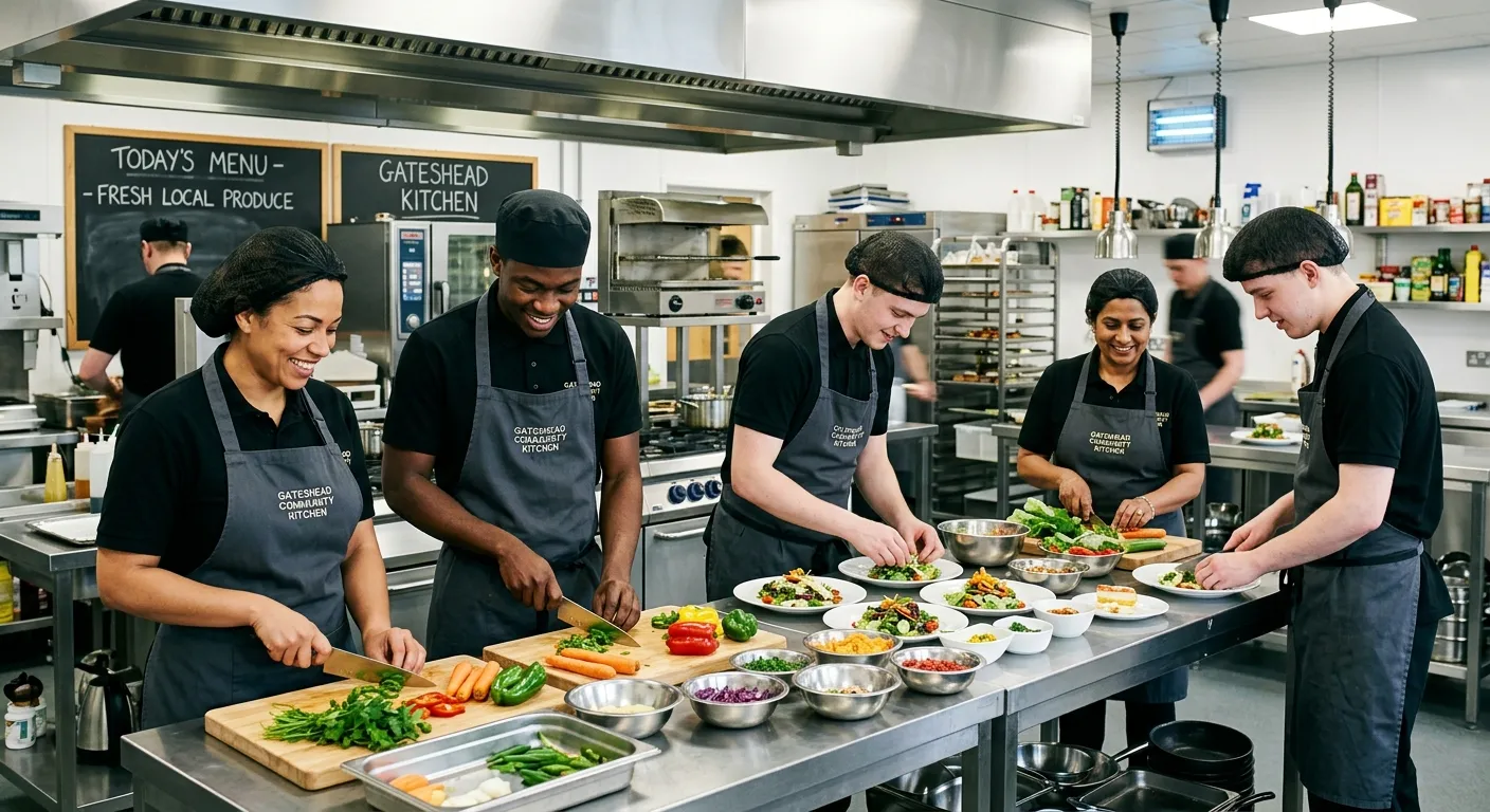 A professional, well-lit photo of a diverse team of Kitchen Assistants working efficiently in a mode... A professional, well-lit photo of a diverse team of Kitchen Assistants working efficiently in a modern, clean commercial kitchen in Gateshead. They are prepping fresh vegetables and plating dishes, showcasing a collaborative and positive work environment.