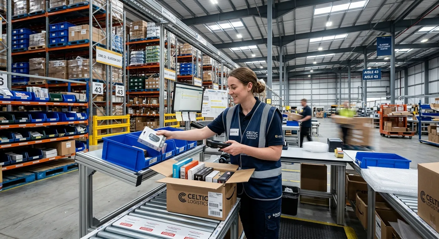 A professional, dynamic photo of a person efficiently picking and packing items in a modern, well-or... A professional, dynamic photo of a person efficiently picking and packing items in a modern, well-organised warehouse in Glasgow. The image should convey a sense of focus, productivity, and a clean work environment. Mood: energetic and professional.