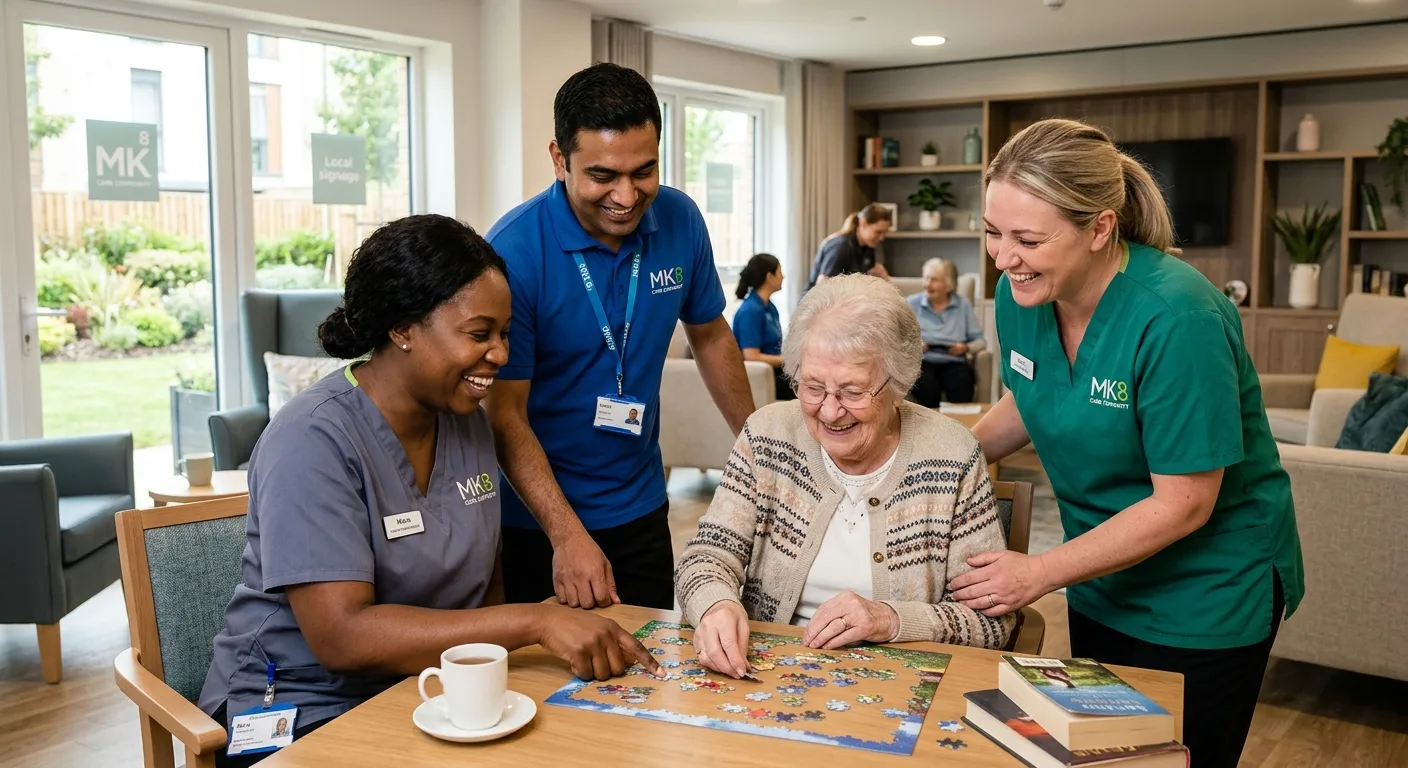A professional, warm, and welcoming photo showing a diverse group of healthcare support workers in a modern care home setting in Milton Keynes, smiling and assisting a resident with a gentle activity, conveying trust, compassion, and teamwork. The image should be bright, high-quality, and feel local to the MK8 area.