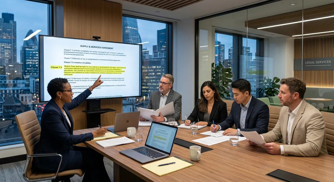 A professional, diverse team of contracts managers and legal professionals in a modern boardroom, reviewing documents and collaborating. One person is pointing to a clause on a large monitor displaying a contract. Style: Corporate, high-resolution, focused. Mood: Collaborative, authoritative, and detail-oriented.