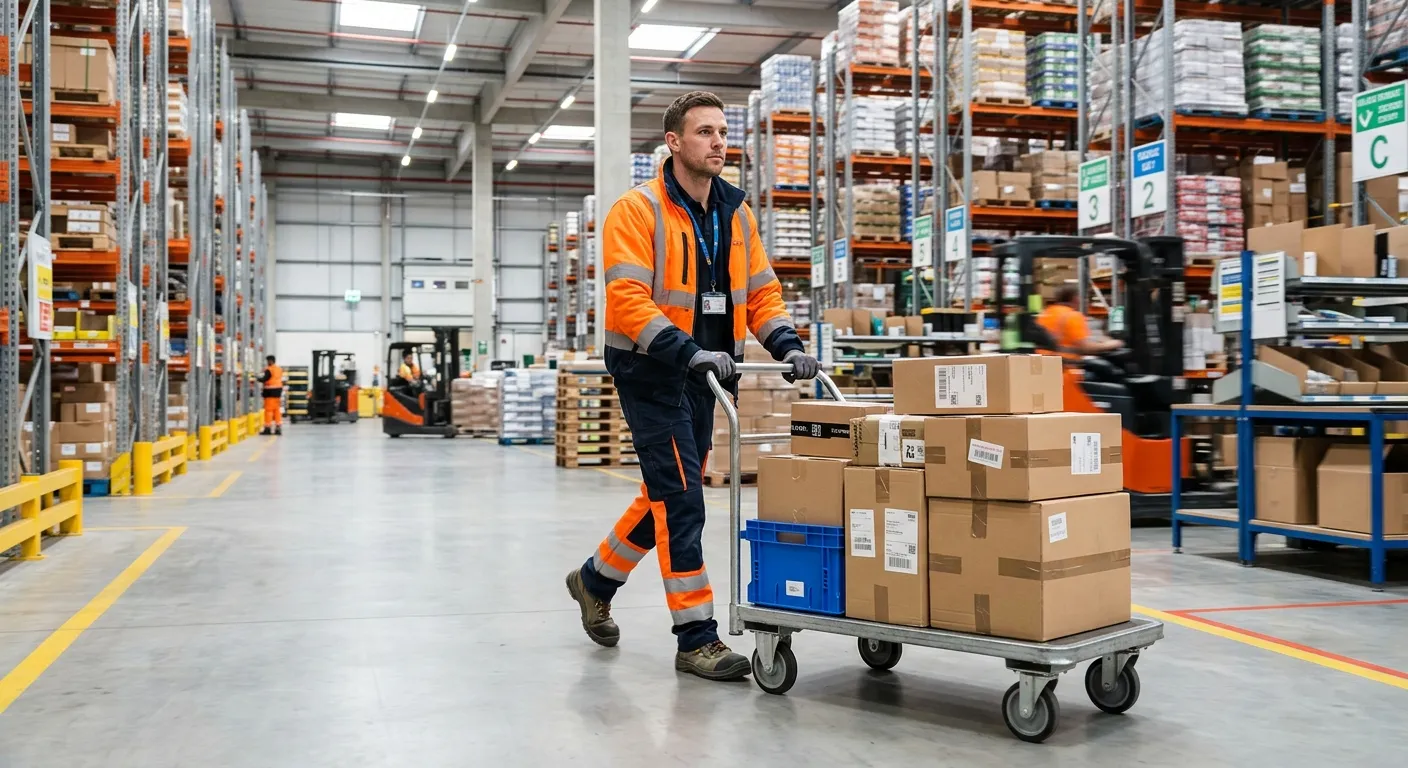 A professional, action-oriented hero image showing a porter in high-visibility clothing, efficiently moving goods with a trolley in a modern, well-lit facility. The image should convey reliability, activity, and a sense of professionalism.