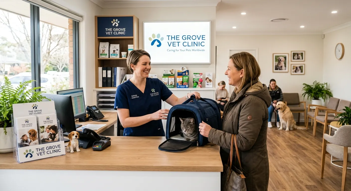 A professional, welcoming veterinary clinic reception area. A friendly, competent vet receptionist in scrubs is smiling while assisting a client with a pet carrier. The image should be bright, warm, and convey trust and organization.