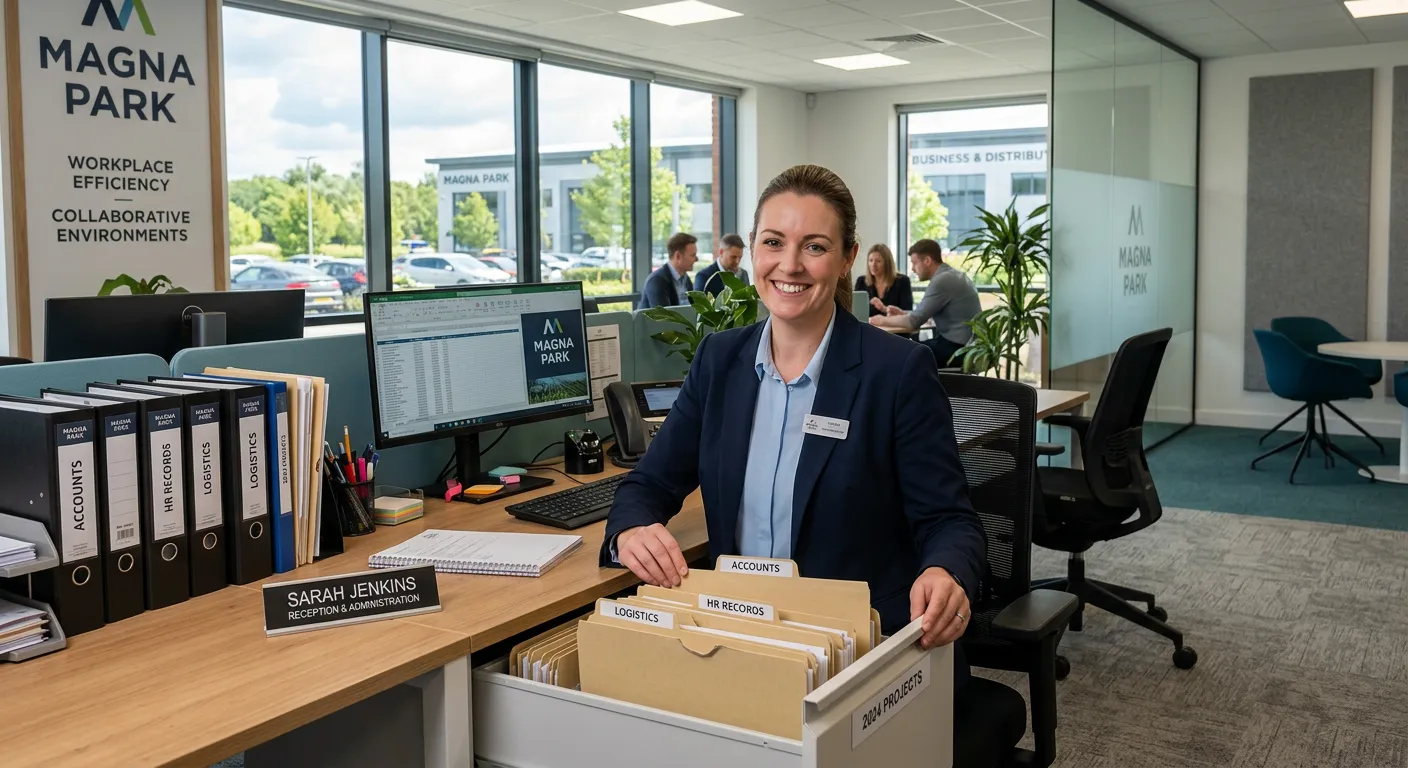 A professional, welcoming office environment in a modern business park, showing a person organising... A professional, welcoming office environment in a modern business park, showing a person organising files and smiling at the camera, representing the efficient and supportive culture of Magna Park workplaces. Style: Bright, realistic, and professional.