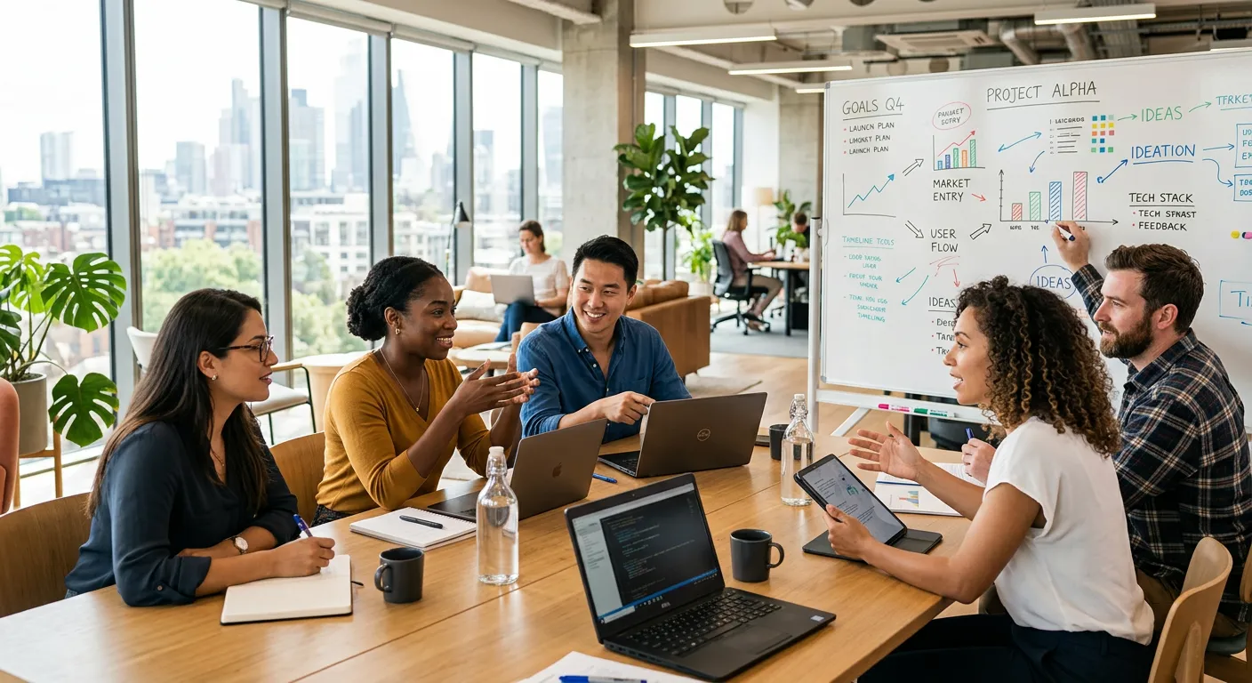 A modern, diverse team of professionals collaborating in a bright, sunlit office with laptops and whiteboards. Style is professional, dynamic, and focused on human connection. Mood is collaborative, innovative, and efficient.