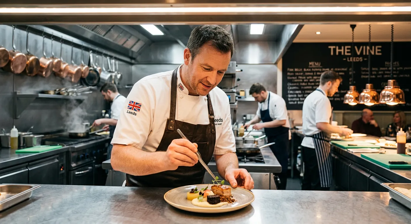 A professional, well-lit kitchen in a Leeds-based restaurant or hotel, showcasing a chef in crisp whites expertly plating a modern British dish. The mood is energetic, professional, and welcoming.