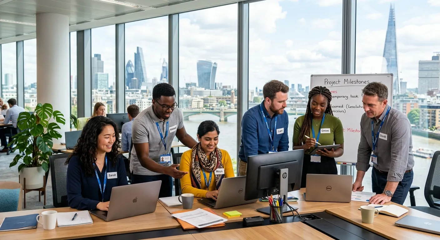 A dynamic, professional photo of a diverse group of temporary workers collaborating in a modern Lond... A dynamic, professional photo of a diverse group of temporary workers collaborating in a modern London office setting, with iconic London skyline visible through windows. Style: Bright, sharp, professional. Mood: Energetic, efficient, and connected.
