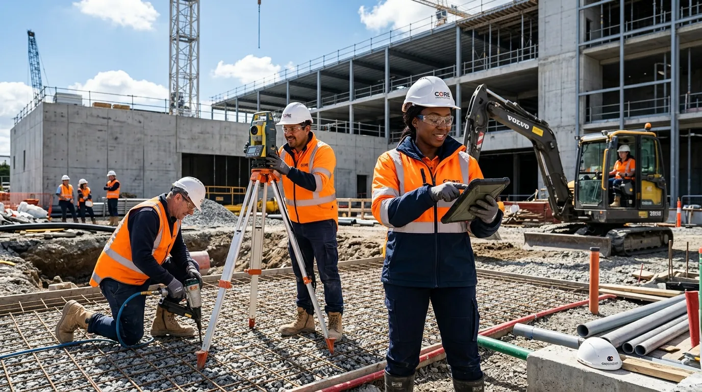 A dynamic, professional hero image showing a diverse team of skilled groundwork and construction professionals collaborating on a modern site, wearing high-visibility gear. The style should be sharp, inspiring, and convey reliability and action.