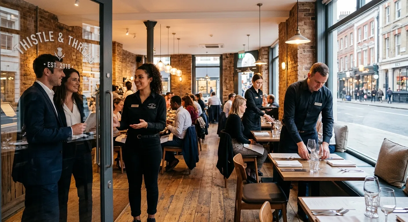 A professional, welcoming image of a busy, modern restaurant front-of-house in the London EC1 area, showing staff assisting guests and setting tables. Style: Bright, clean, and energetic.