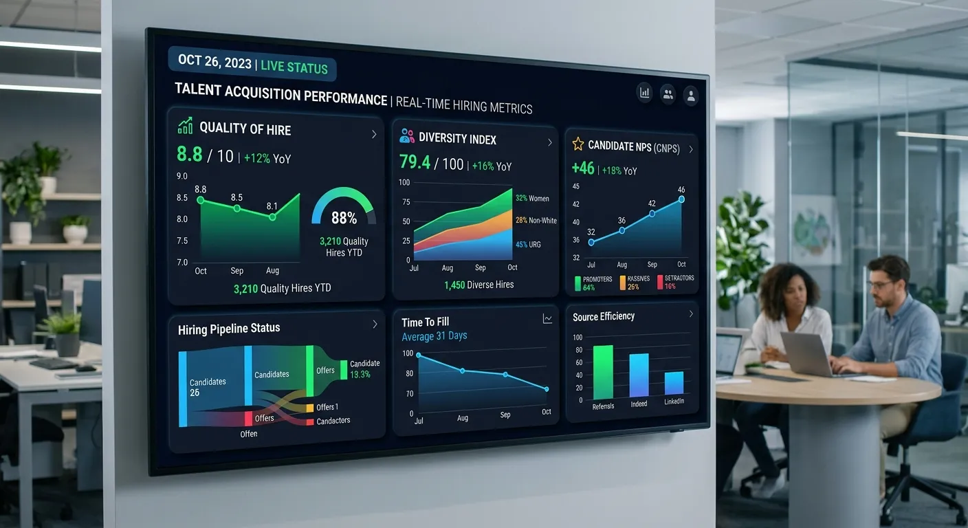 An elegant, modern dashboard on a large screen display, showing real-time data visualizations for hiring metrics like Quality of Hire Score, Diversity Index, and Candidate NPS, with clear upward trends.