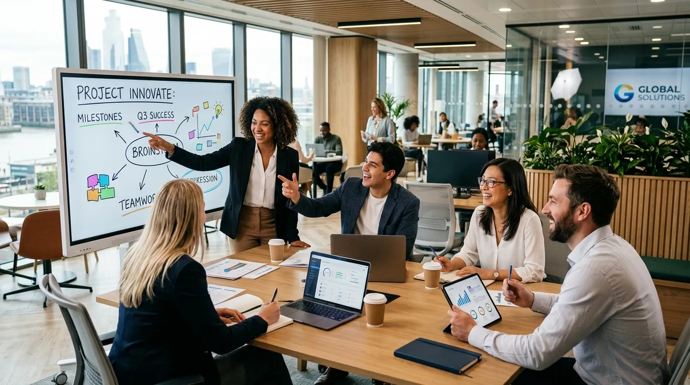 Professional hero image showing a diverse team of skilled professionals collaborating in a modern office environment, with a focus on dynamic interaction and positive energy. Style: Corporate, high-resolution, aspirational.