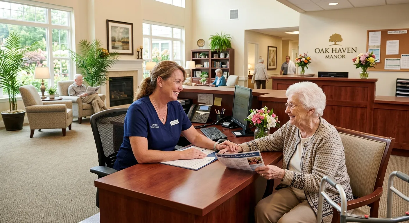 A professional, compassionate Nursing Home Receptionist in a well-lit, welcoming lobby, smiling warmly while assisting an elderly resident. The mood is calm, professional, and caring.