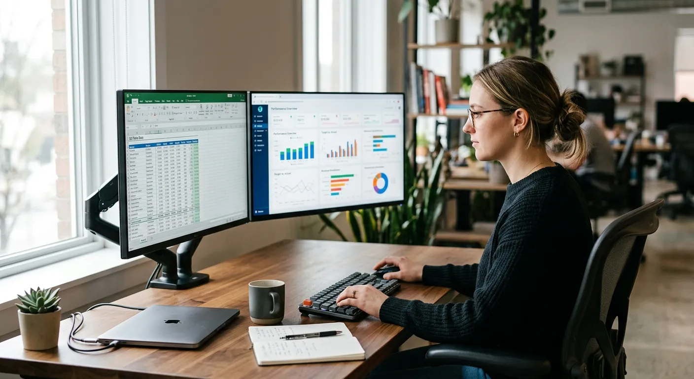 A modern, well-lit office workspace with dual monitors displaying clean spreadsheets and data visualization dashboards. Professional, focused mood with a blurred background.