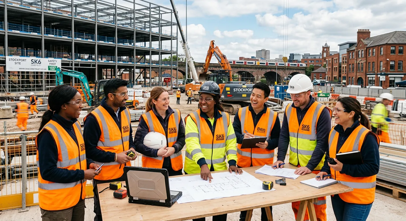 A professional, diverse group of manual workers in high-visibility vests smiling and collaborating on a warehouse or construction site in Stockport/SK6, conveying teamwork and opportunity. Style: Bright, realistic, professional stock photo.