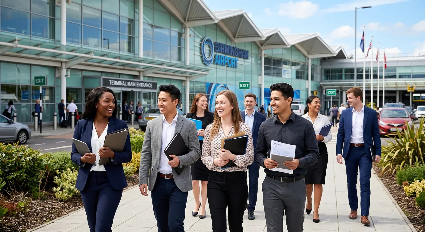 A professional, uplifting photo of Birmingham Airport terminal exterior on a bright day, with a diverse group of smartly dressed candidates in the foreground, smiling and holding folders/tablets, representing opportunity and a fast-paced work environment.