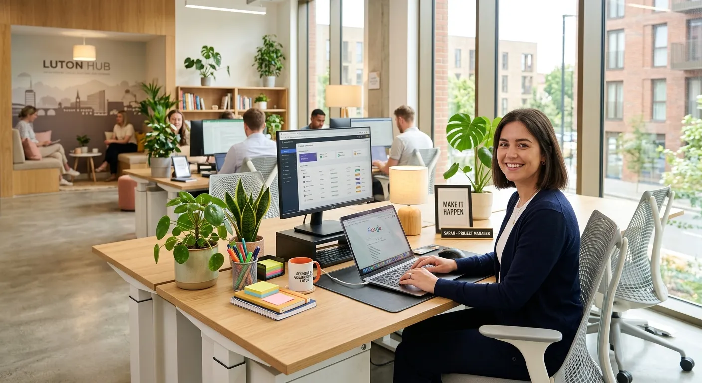 Professional, welcoming image of a modern Luton office environment, featuring a well-organized desk with a computer, stationery, and plants. The style should be bright, airy, and inviting, conveying a sense of efficiency and a great place to work.