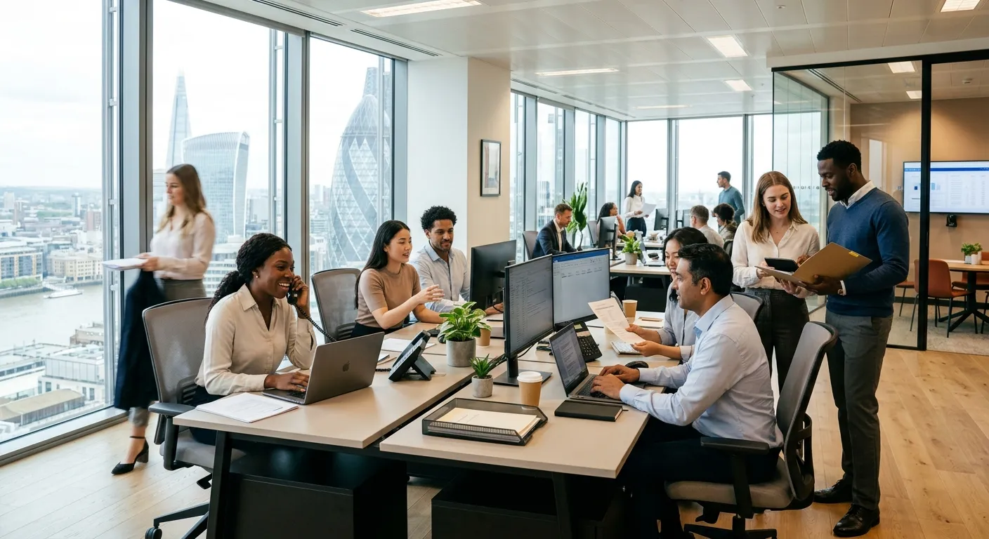 A professional, high-energy office scene in a modern London skyscraper. A diverse group of efficient... A professional, high-energy office scene in a modern London skyscraper. A diverse group of efficient admin staff are working collaboratively at sleek desks, with laptops, phones, and organised paperwork. The mood is productive, dynamic, and professional, showcasing a seamless office environment.