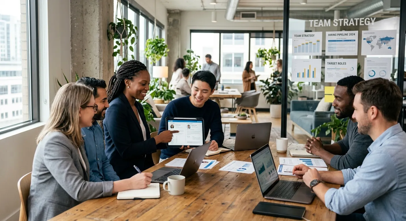 A modern, diverse team of professionals collaborating in a bright, open-plan office. The image should convey success, strategy, and teamwork, with a focus on a hiring manager reviewing candidate profiles on a tablet.